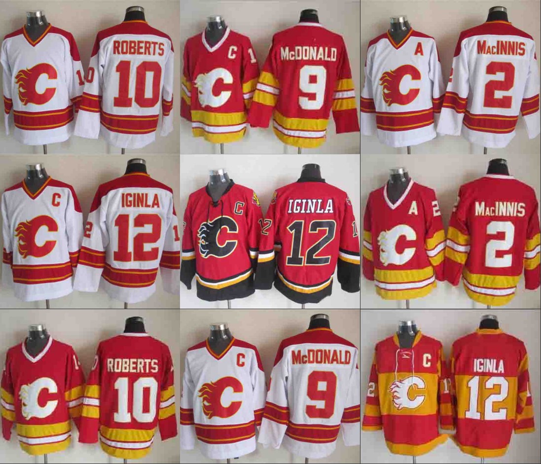 

10 Gary Roberts Calgary Flames 2 Al Macinnis 9 Lanny McDonald 10 Gary Roberts 12 Jarome Iginla Hockey Jerseys, Black;red