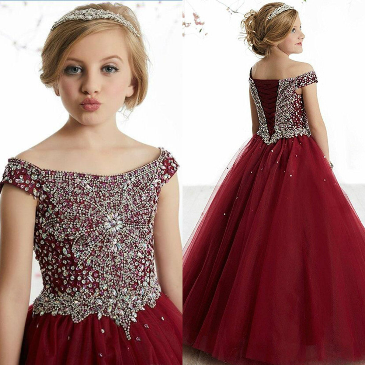 

2020 Red Flower Girl Dresses Off Shoulder Rhinestone Beaded Sleeveless Girl Pageant Ruffle Lace Up Back Custom Made Birthday Gowns, Silver
