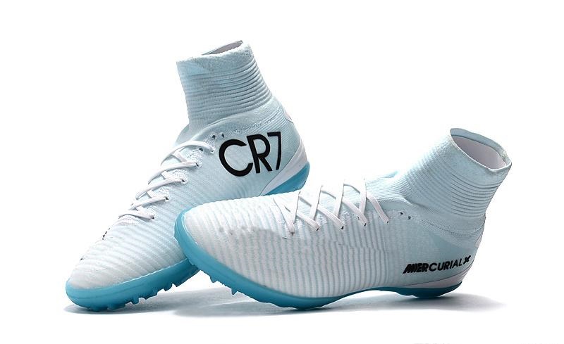 

White Blue CR7 Kids Indoor Soccer Shoes Mercurial Superfly TF Womens Soccer Cleats High Ankle Top Quality Children Football Boots