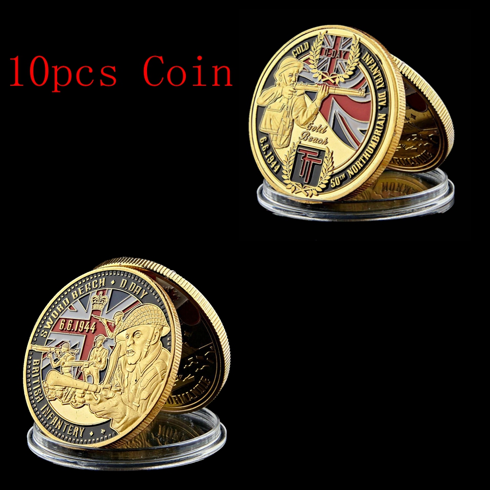 10pcs Challenge Craft British Infantry Coin D-DAY 50th Northumbrian 24K Gold Plated Gold Beach Military Souvenir Badge-image-530907242