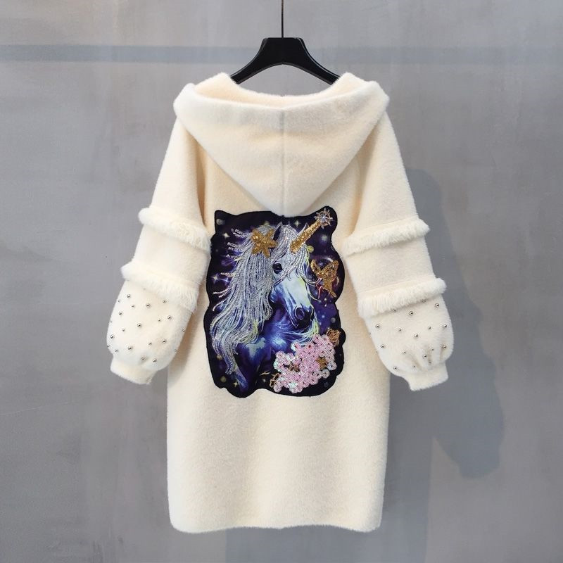 

2019 coat female long section winter new loose single-breasted solid color long-sleeved pocket thick warm plush fur coat, Beige