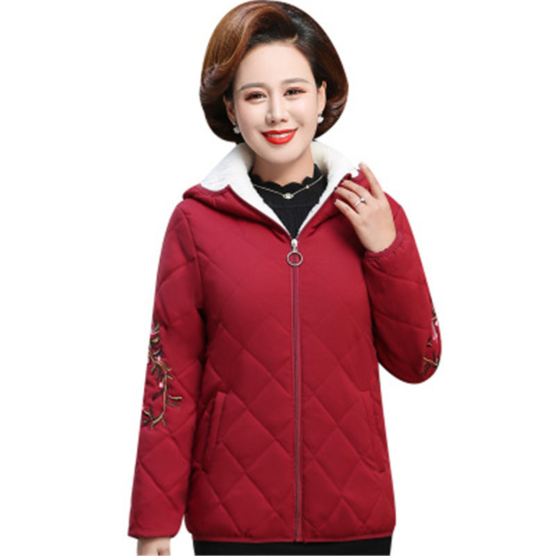 

2019 Women Autumn Winter Parkas basic jackets Plus Velvet Lamb Hooded Coats Ladies Cotton Embroidery Outwear Plus Size 5XL Coat, Red wine
