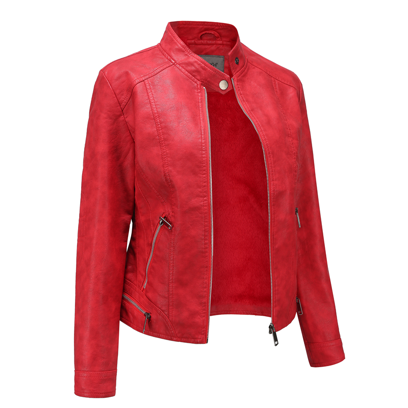 

Women Leather Jackets Wool Autumn Winter Casual Slim Soft Motorcycle Biker Faux Leather Jacket Lady Coat Streetwear Short Jackets, Red