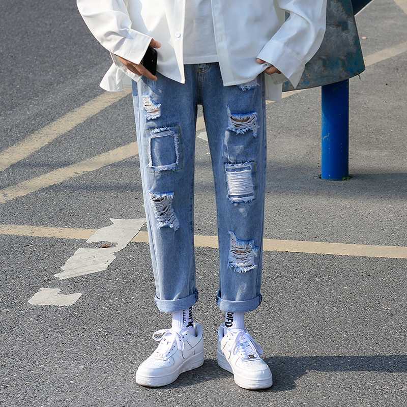 

Men Stylish Ripped Jeans Pants Biker Skinny Slim Straight Frayed Denim Trousers New Fashion Skinny Jeans Men Clothes, Blue
