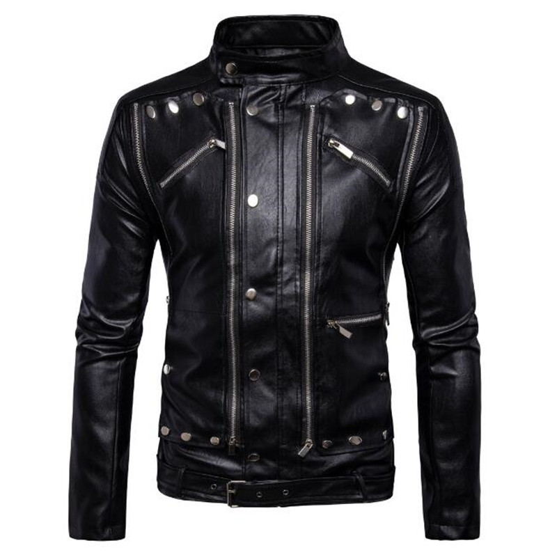 

Mens Leather Jacket Winter Vintage Punk Male Leather Coat Black Slim Stand Collar Fashion Plus Size 5XL veste cuir homme Outwear