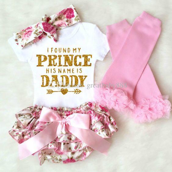 

Baby girl 4pcs Clothing Sets Infant INS Romper + floral shorts + Headband + leggings Set I Found My Princess His Name is Daddy K041, As photo
