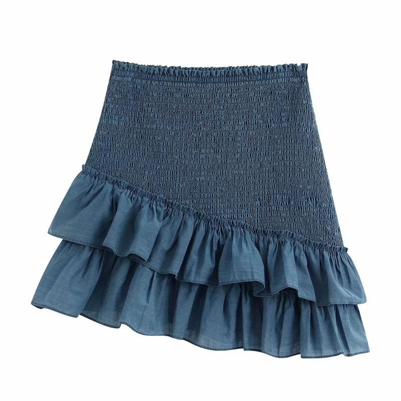 

2020 Summer Women's New French Retro High Waist Ruffled Skinny Honeycomb Laminated Decorative Stretch Mini Skirt, Blue