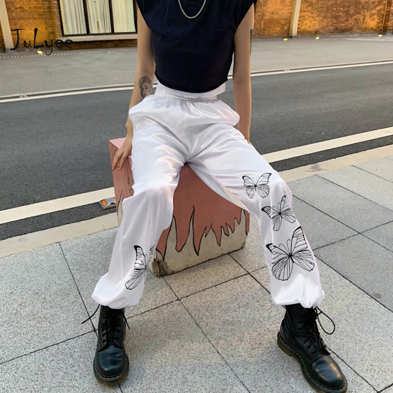 

JULYEE Women Cargo Pant Solid Butterfly Print High Elastic Waist Casual Loose Drawstring Full Length Pants, White