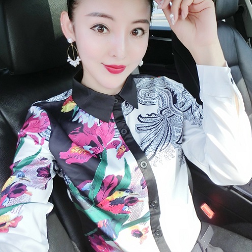

Luxury Silk Satin Spring Runway Shirts Women Long Sleeve Lapel Neck Printed Casual Ladies Button Blouse Plus Size Office Designer Shirt Tops, Customize