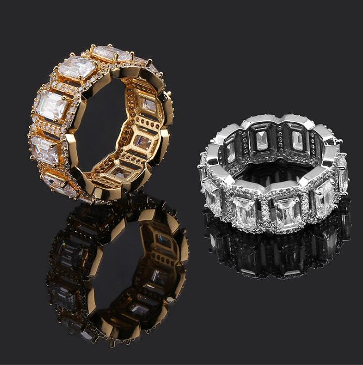 

Rectangular zircon Hiphop Ring full of gems men's rings Band Rings for Women Sterling Silve Gold Jewelry free shipping