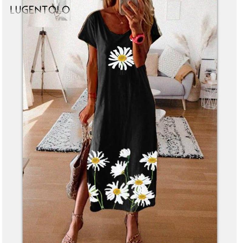 

Lugentolo Long Dress Women Summer Fashion Print Round Neck Short Sleeve Hem Split Plus Size Loose Casual Womens Dresses, Black