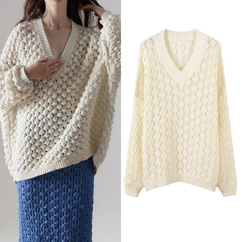 

2020 New Spring Women Sweater Long Sleeve V-Neck Hollow Out Knitted Beige Pullovers Loose Casual Fashion Elegant Korean Sweaters