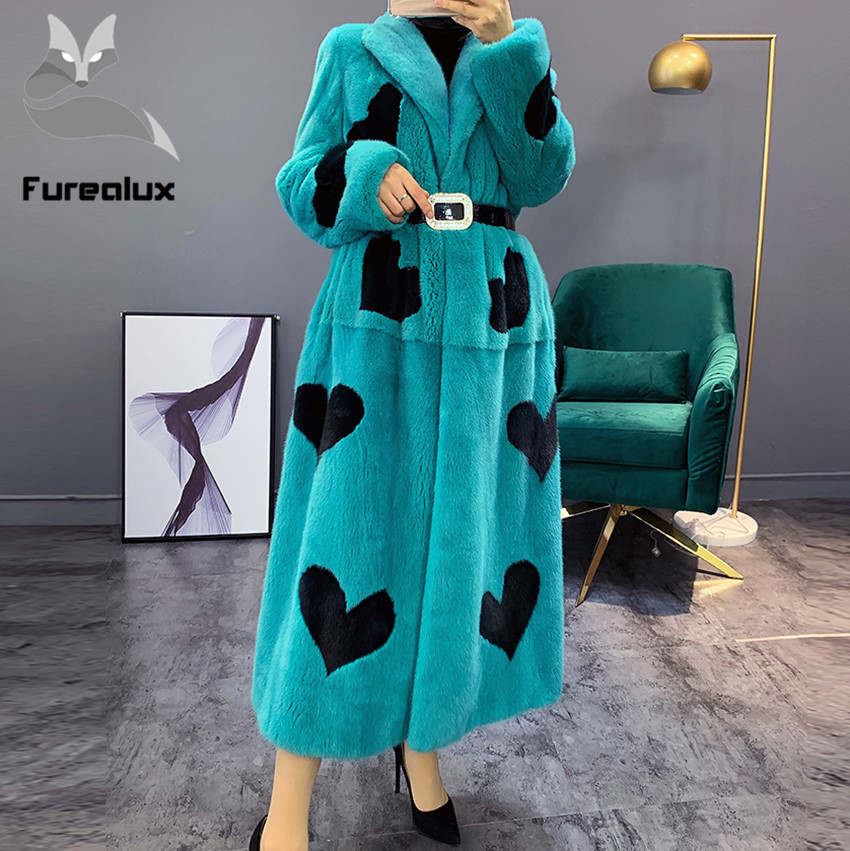 

Furealux 2019 Real Whole X-Long Coat Factory Direct Sale Winter Slim Warm Female Long Turn-down Collar Jacket, As picture