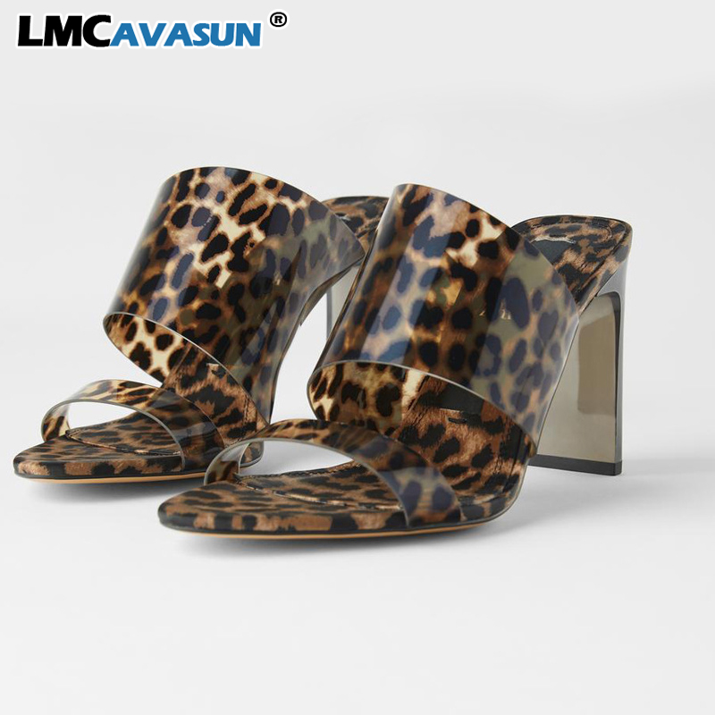 

LMCAVASUN Summer leopard clear upper women slides slip on high heel women sandals, Black