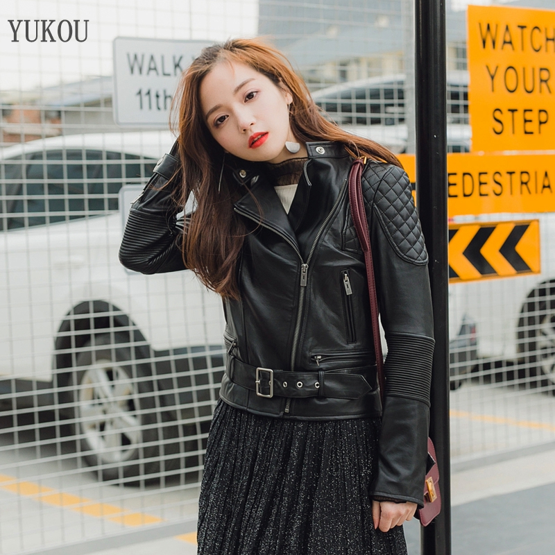 

Natural leather Women' Lambskin Leather Bomber Biker Jacket Long Sleeves Zipper 100% Sheepskin Coats H009, Black