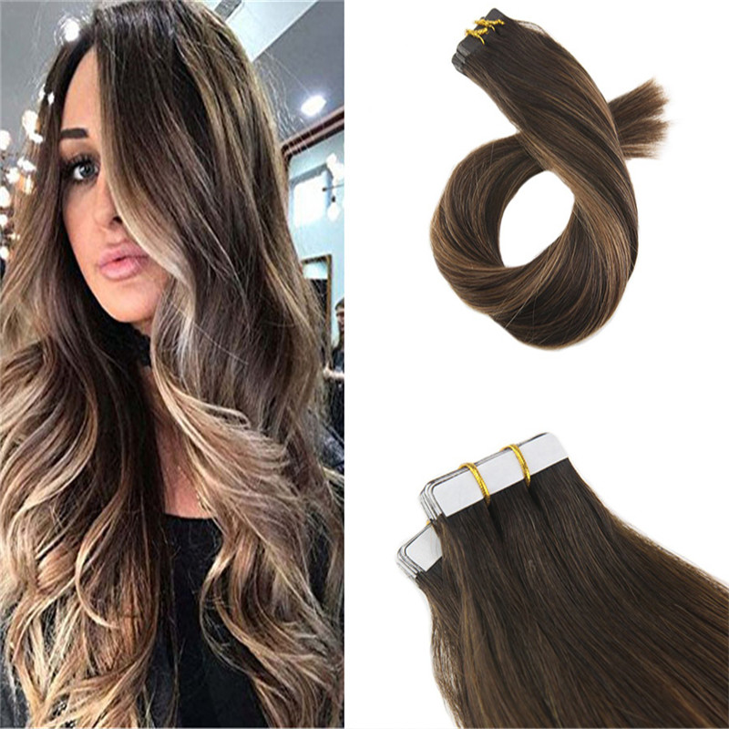 

Tape in Hair Extensions Human Hair Ombre Balayage 20pcs 50g Darkest Brown to Medium Brown Extensions Tape On Hair, Black