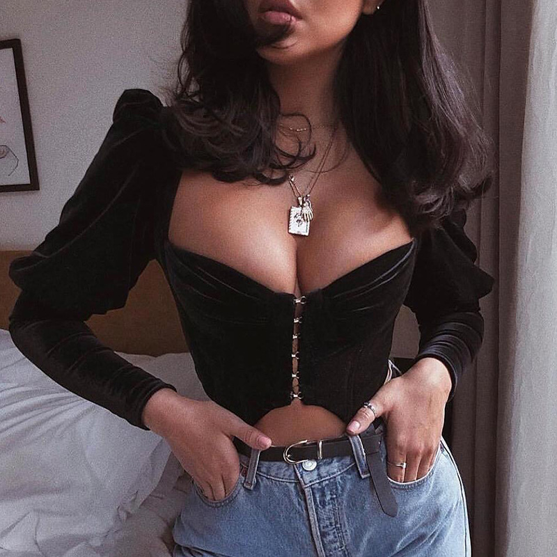 

2019 Black Square Collar Sexy T Shirt Women Tops Fashion Puff Sleeve Hooks Cropped Women Tshirt Casual Short Summer T-shirt