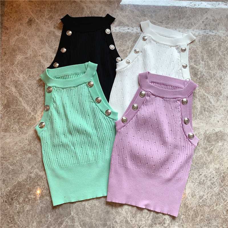 

Summer Tight Stretch Knitted Vest Tank Top Women Summer Thin Short Knitting Shirt All-match Button Halter Knitted Vest Slim Fit, White
