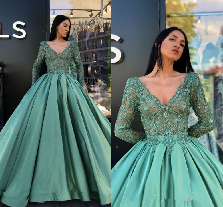 

Hunter Green prom dresses Long Sleeves Evening Dresses Formal Occasion Gowns V Neck Sheer Appliqued Long Vestidos de fiesta Masquerade, Black