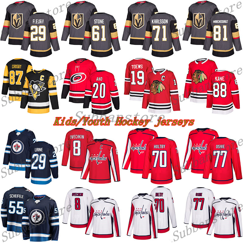 

Youth Kids jerseys 29 Fleury 61 Ston 71 Karlsson 87 Sidney Crosby 29 Laine 8 ovechkin 19 Toews 88 Kane Crosby Hockey jersey, Black;red