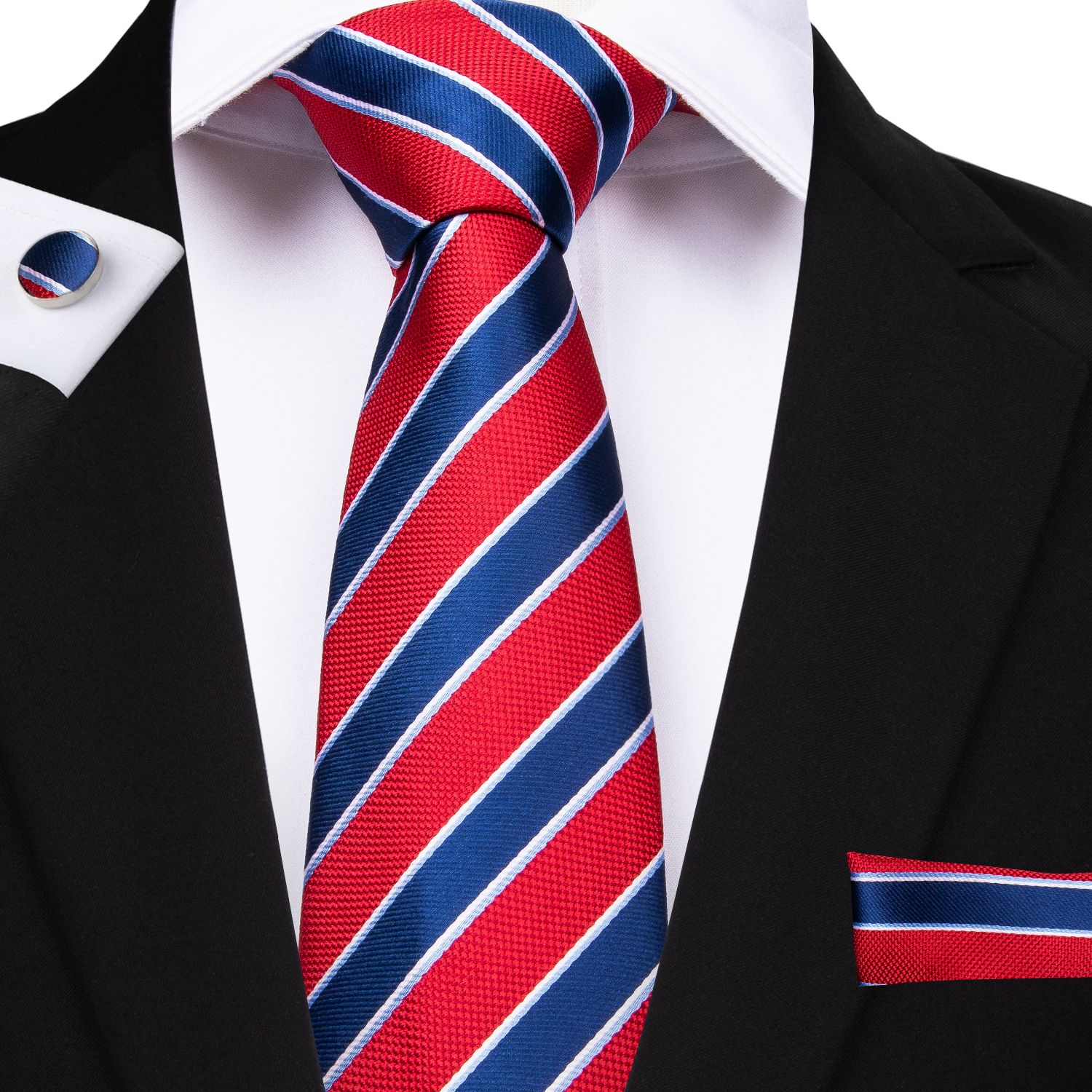 

Europe Warehouse Silk Tie Set Blue Red Striped Men's Classic Jacquard Woven Necktie Pocket Square Cufflinks Wedding Business N-7070, Black;blue