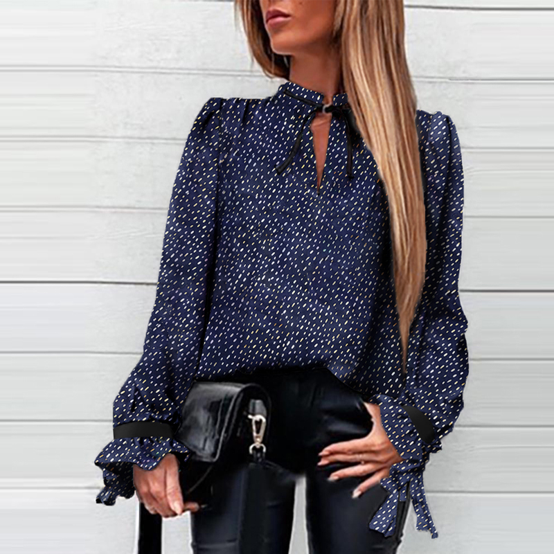 

2020 Women Loose Blouses Dot Bandage Long Sleeve Tops Spring Style Feminine Blouse Top Blue Vintage Lady Clothing New SJ5122V