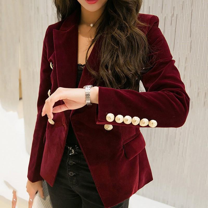 

Autumn Velvet Blazer Formal Work Small Suit jacket Women Slim Long Sleeve ladies Blazers feminino Women Gold Button, Black