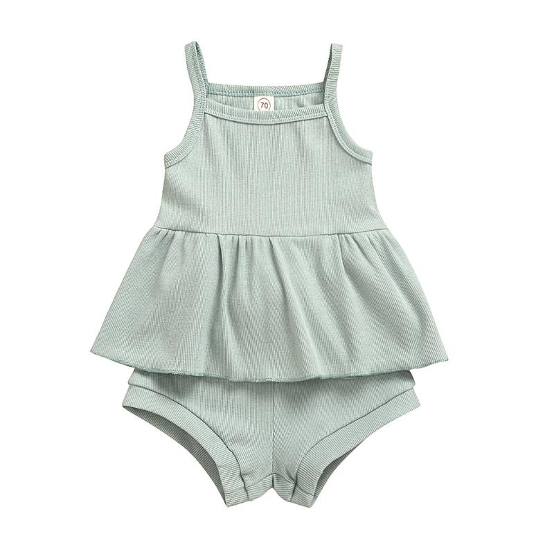 

KANCOOLD baby sleeveless off-the-shoulder solid color pit stripe ruffle skirt camisole + striped pp pants shorts suit, Beige