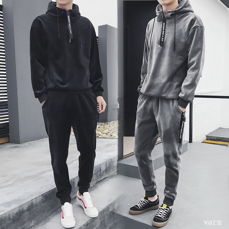 2018 Golden Velvet Leisure Sports Suit Men's Autumn Winter Bodywear Youth Plush Thickening Students' Two-piece Set Hoodies