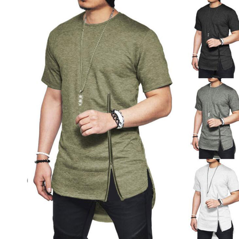 

New Zipper Short Sleeve Men T Shirt Streetwear Side Slit T-shirt For Men Longline Curve Hem Hip Hop Tshirt, Black