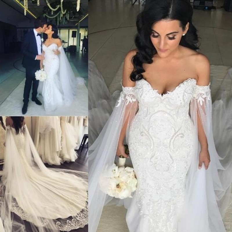 

2020 Plus Size Mermaid Wedding Dresses With Shawl Robe de mariee Applique Beading Pearls Wedding Gowns Court Train Sheath Bridal Dresses, White