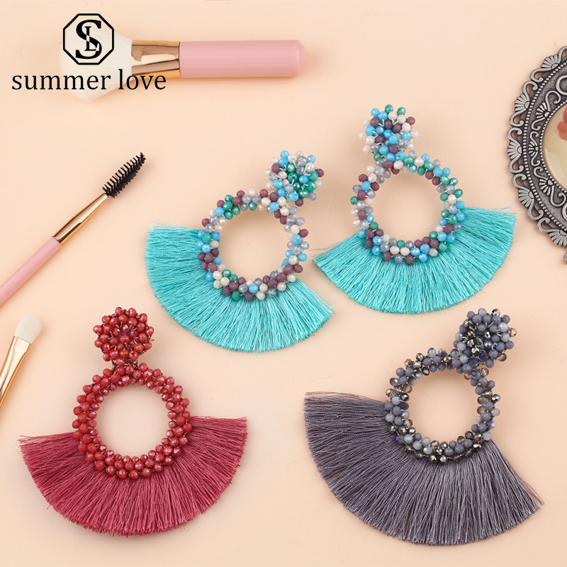 Women Oval Pattern Summer Drop Jewelry Bohemian Rice Bead Earrings Dangle Stud