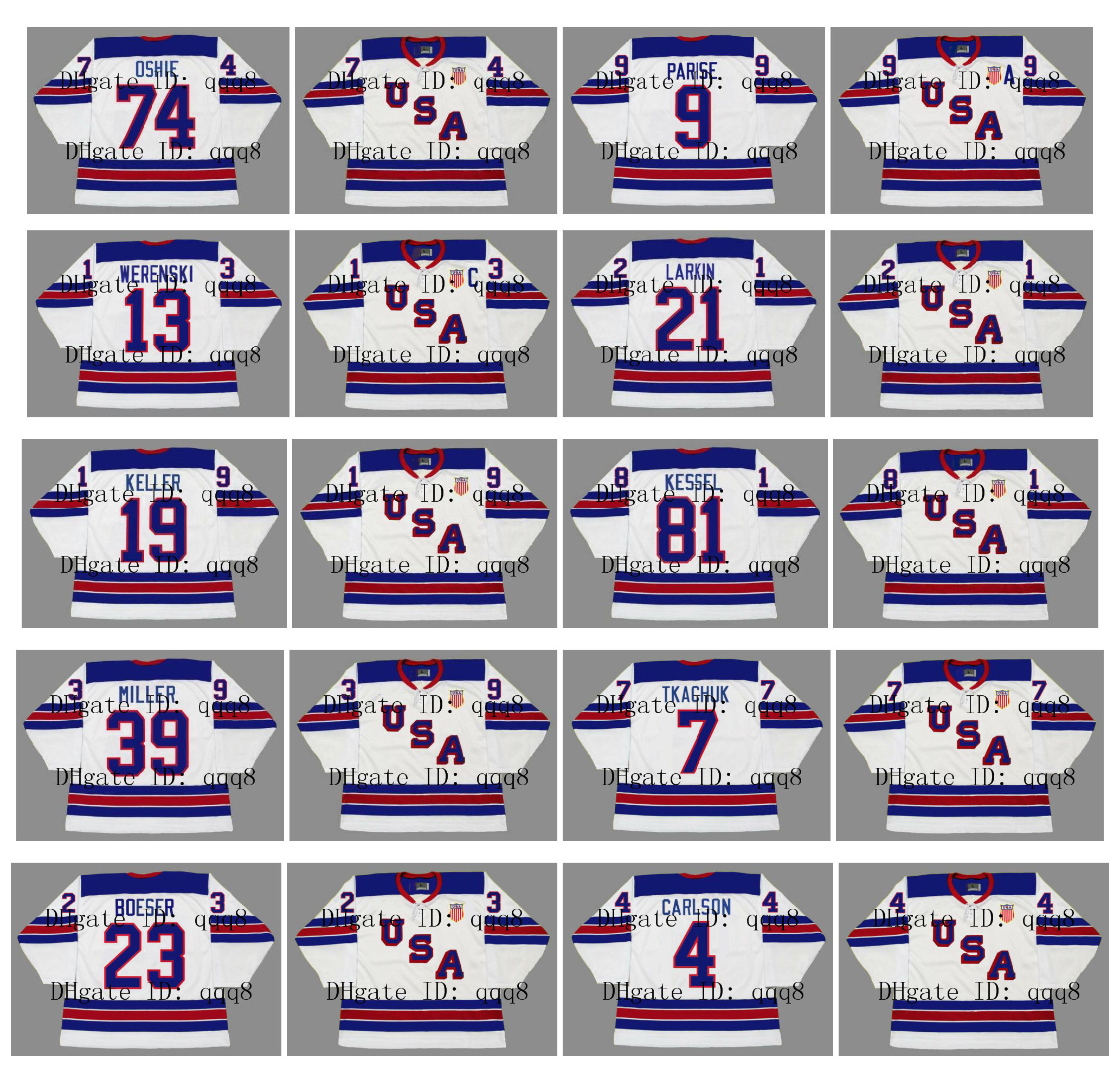 

2010 2014 2016 Vintage Team USA Jersey 74 TJ OSHIE 88 PATRICK KANE 9 ZACH PARISE 13 WERENSKI 21 DYLAN LARKIN 8 JOE PAVELSKI White Custom Hockey, As pic