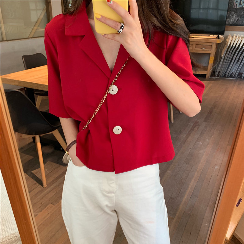 

Female Shirts Solid Loose High Waist 2020 New Stylish Streetwear Leisure Brief Blouse Women Casual All-Match Short Shirts, Red