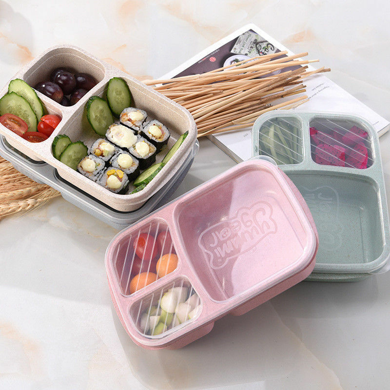 Wheat Straw Fiber Non-pollution Microwave Lunch Box Picnic Food Container Storage Box 3 Compartments Blue Green Beige-image-482553284