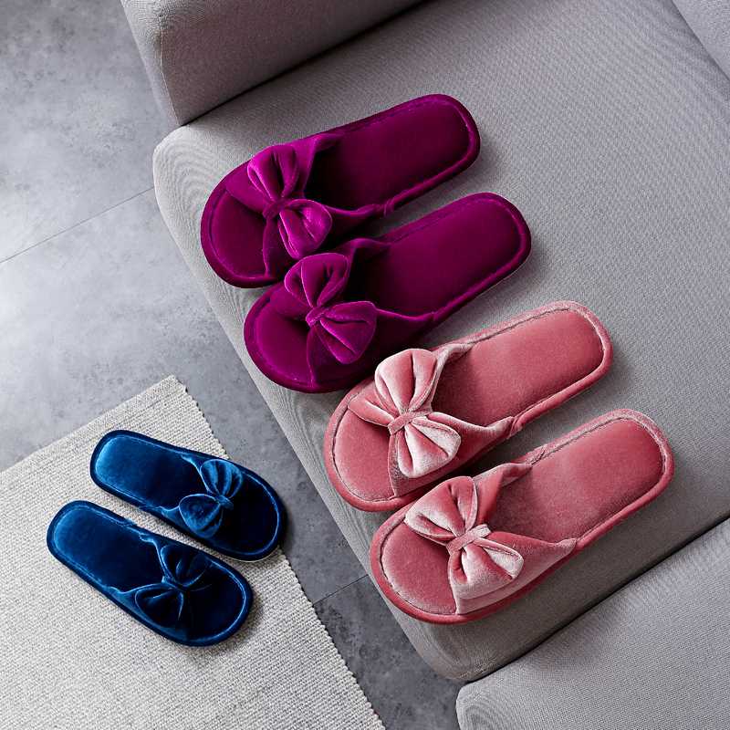 

bowknot Slippers women 2020 winter furry glittering soft plush indoor warm thermal shoe open-toed fluffy home cotton slippers, Green