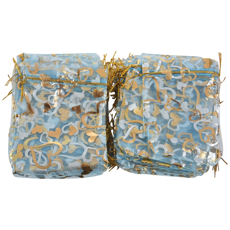

100 * Bags, Pouches, Organza Bags for Wedding, Jewelry, Gifts, Blue with Golden Heart, 120 * 100mm