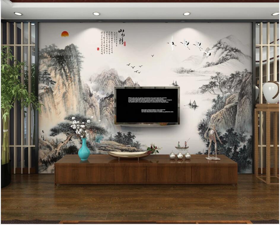 

WDBH 3d wallpaper custom photo Chinese style ink landscape mountain river living room home decor 3d wall murals wallpaper for walls 3 d, Non-woven