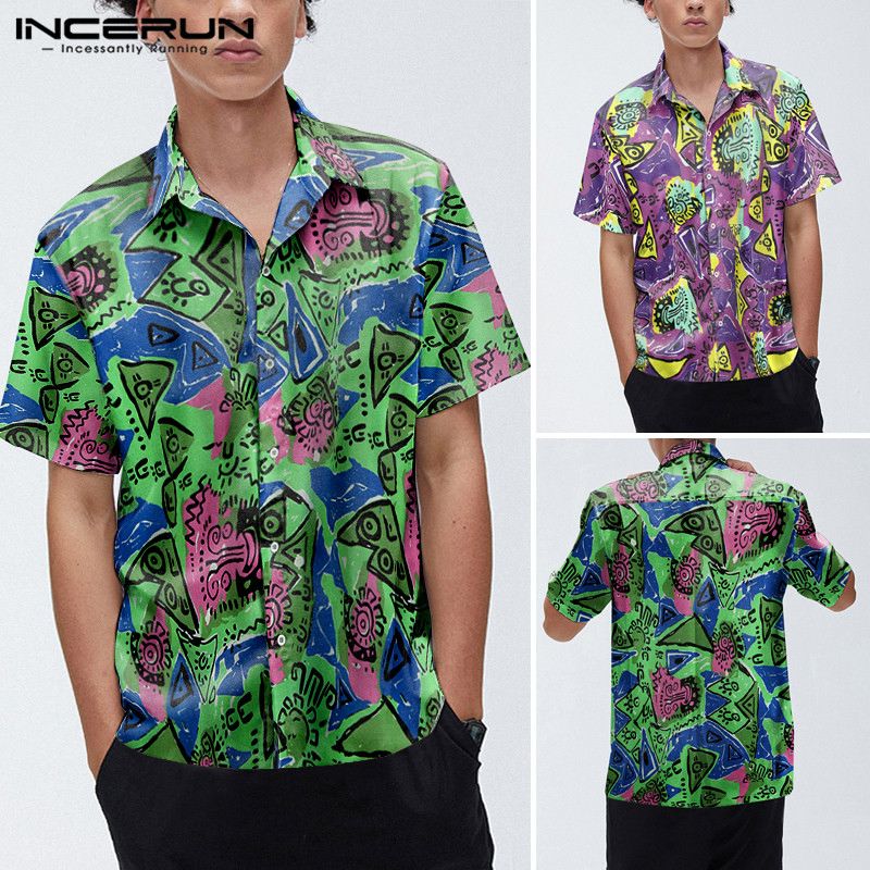 

Men Casual Button Floral Blouse Fashion Unisex Streetwear Tops Men Printed Shirt Short Sleeve Turn Down Collar Shirt Plus Size, Green