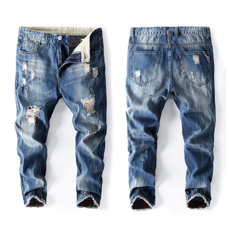 

Spring and autumn new size nine-point Harlan pants men's wear trendy brand broken holes in Europe and the United States, Black