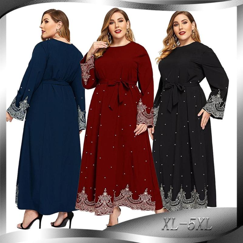 

Siskakia Ethnic Embroidered Beaded Long Dress Plus Size O neck Long sleeve Dubai Arab Muslim Women Ramadan Eid Maxi Dress Black, Burgundy dress