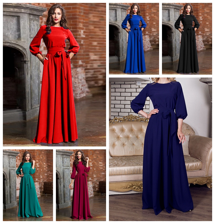 

Spot Dresses Europe and the United States round neck long Bohemian exquisite retro lantern sleeve casual dress