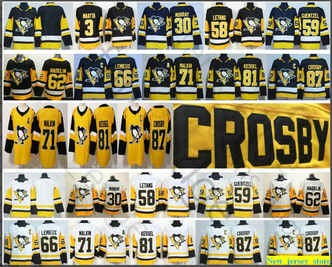 

2019 Ice Hockey 87 Sidney Crosby 59 Jake Guentzel 58 Kris Letang Matthew Murray Hornqvist 66 Lemieux 81 Phil Kessel 71 Evgeni Malkin Jersey, Black mens sizes