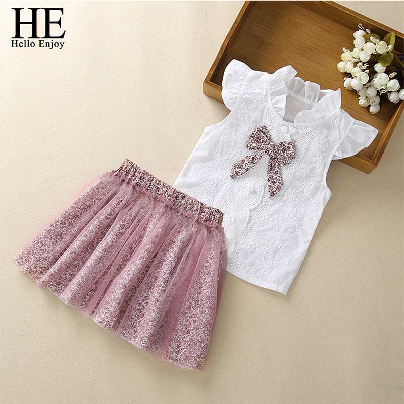 

HE Hello Enjoy Toddler Girls Summer Clothing Set Kids Clothes Cotton Bow Vest Tops+Mesh Dress Two-Piece Suit Children's 2020, Ll1020white