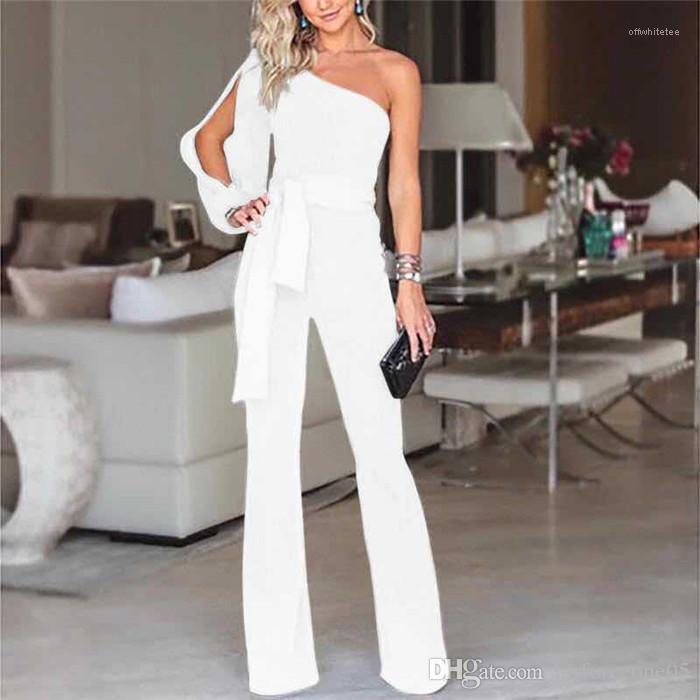 

Summer Sashes Ribbon Solid Color Rompers Fashion Long Sleeve Casual One Piece Bodysuit Women One-Shoulder Jumpsuits, Black;white