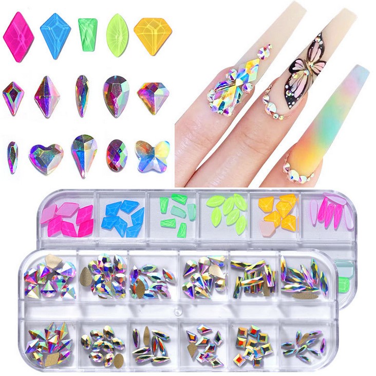 

DIY Nail Art Decoration Colorful Flat Bottom AB Glass Crystal Rhinestone 12 Grid Transparent Box Package