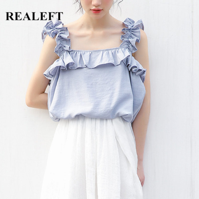 

REALEFT 2020 New Summer Chiffon Simple Women's Tank Tops Blue Ruffles Loose Casual Sleeveless Vest Tops Tee Female