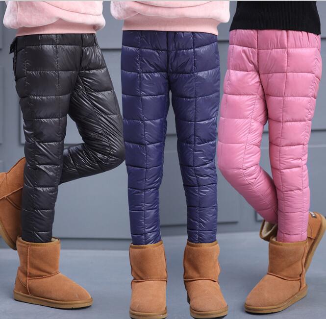 

New Girls Kids Down Thicken Trousers Warm Comfortable Ski Solid color warm thick padded cotton outer pants Snow Winter Camping Wear, Pink
