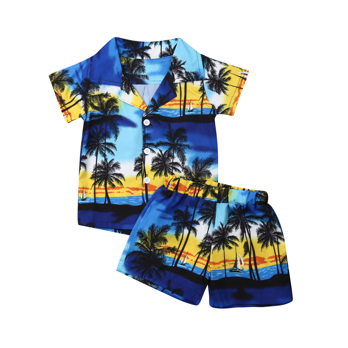 Hawaiian Style 2Pcs Boys Clothes Casual Toddler Kids Boy Summer Outfits Holiday Button Lapel Shirt+Shorts Coconut Tree Print Set-image-471144289