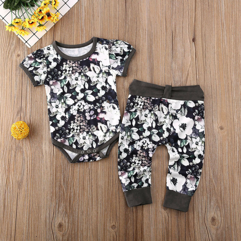 

Newborn Baby Girl Boys Short Sleeve Jumpsuit Tops Pants Clothes 2pcs Set, As pic